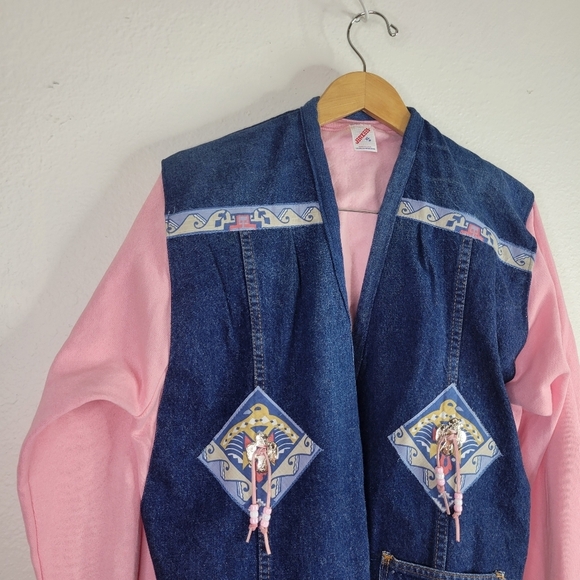 OOAK Pink denim jacket upcycled retro sweater - Picture 3 of 8